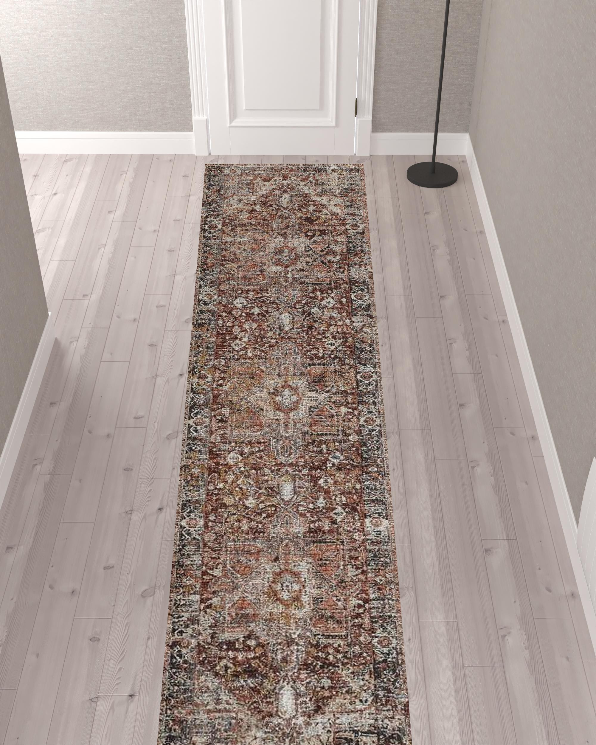 12" Red Ivory And Black Abstract Distressed Runner Rug With Fringe