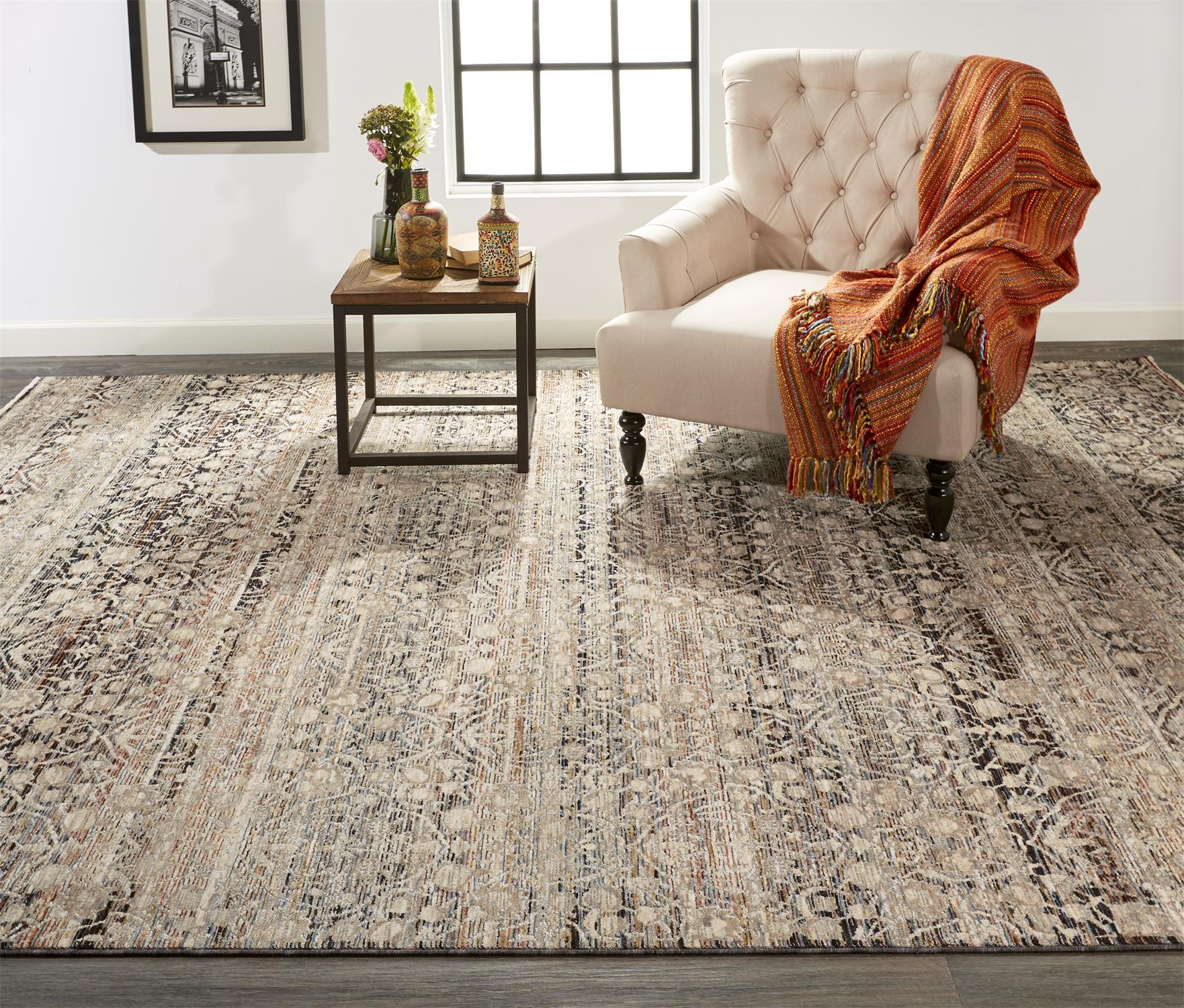 4" X 6" Gray Ivory And Tan Abstract Distressed Area Rug With Fringe