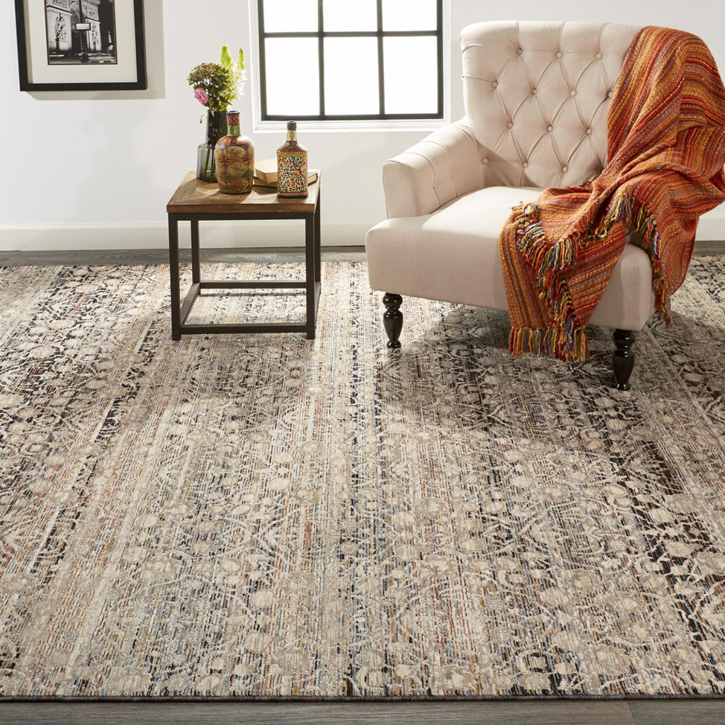 4" X 6" Gray Ivory And Tan Abstract Distressed Area Rug With Fringe