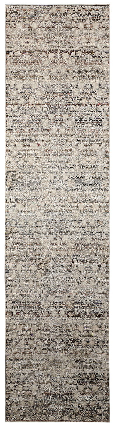 12" Gray and Ivory Oriental Power Loom Distressed Runner Rug With Fringe