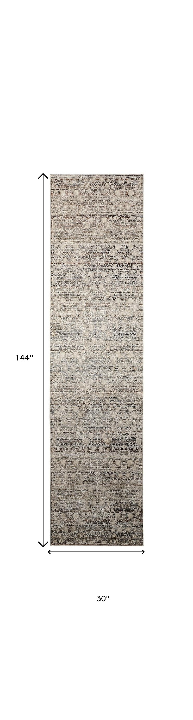 12" Gray and Ivory Oriental Power Loom Distressed Runner Rug With Fringe