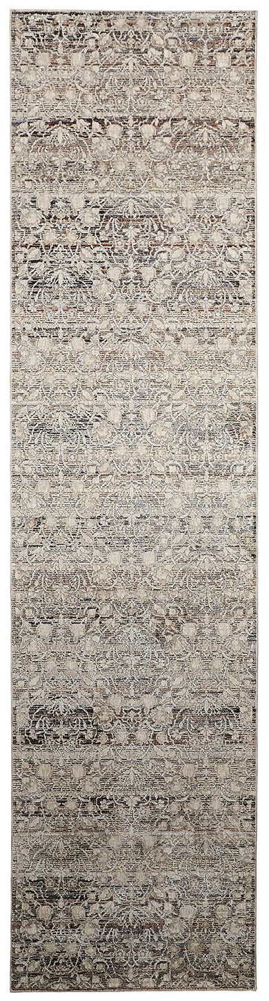 12" Gray and Ivory Oriental Power Loom Distressed Runner Rug With Fringe