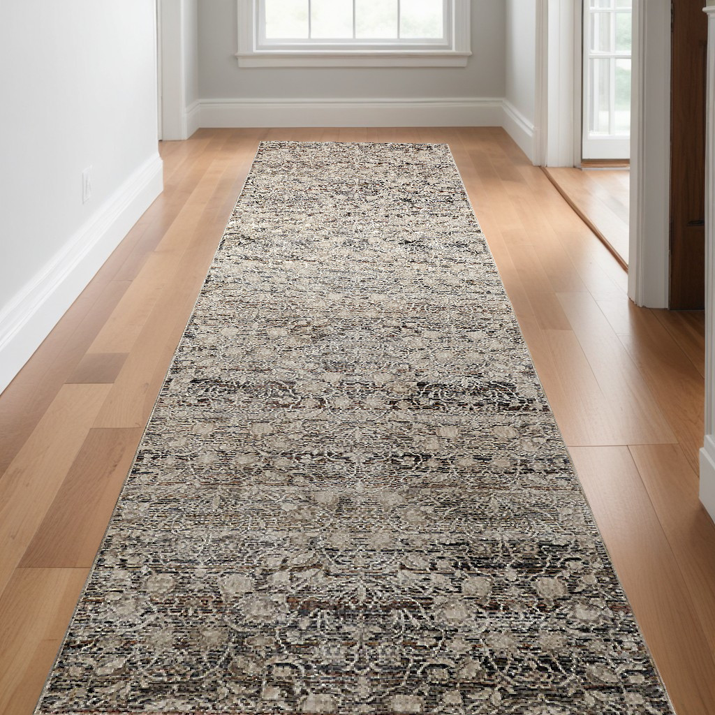 12" Gray and Ivory Oriental Power Loom Distressed Runner Rug With Fringe