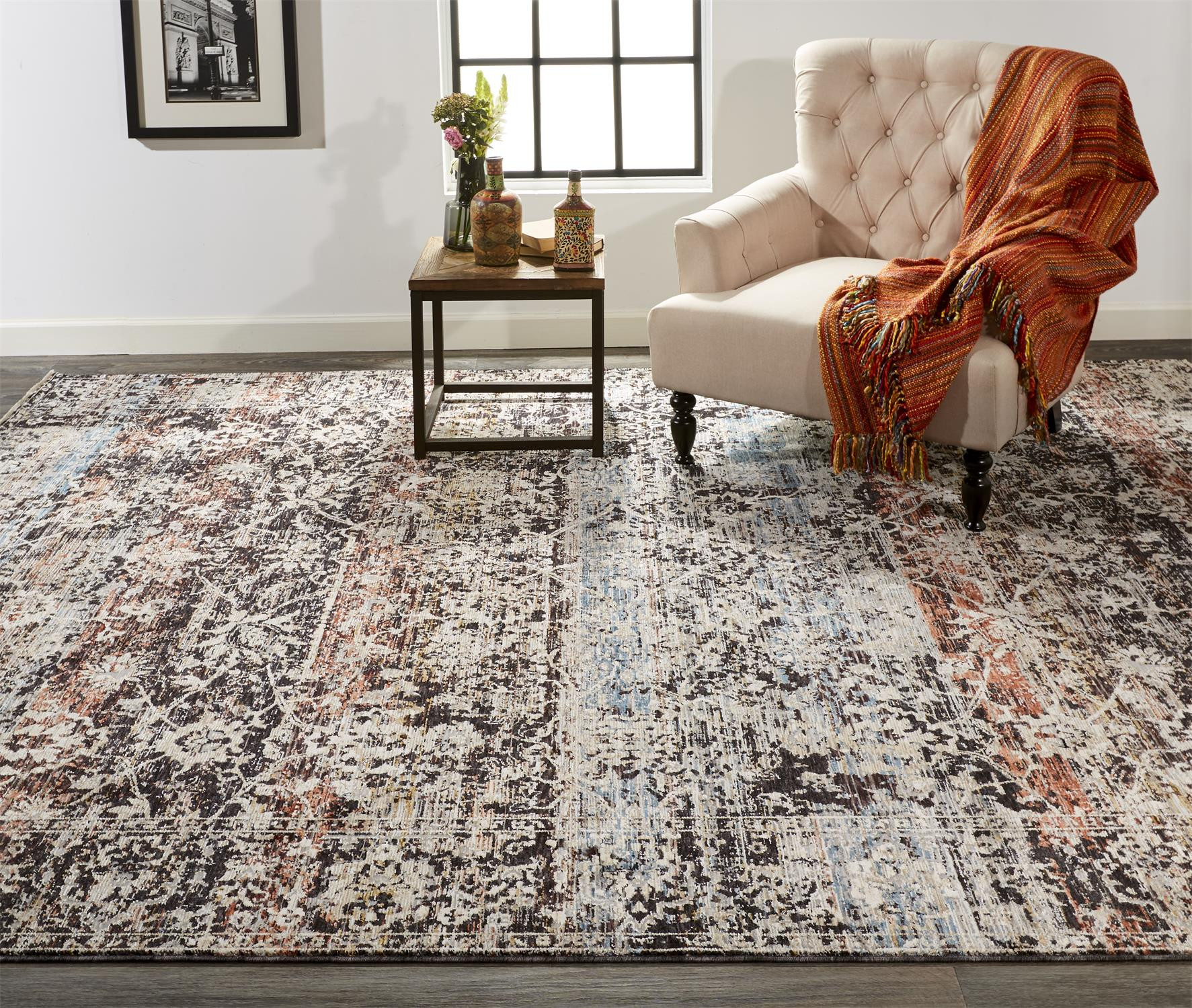 2" X 3" Gray Black And Red Abstract Distressed Area Rug With Fringe