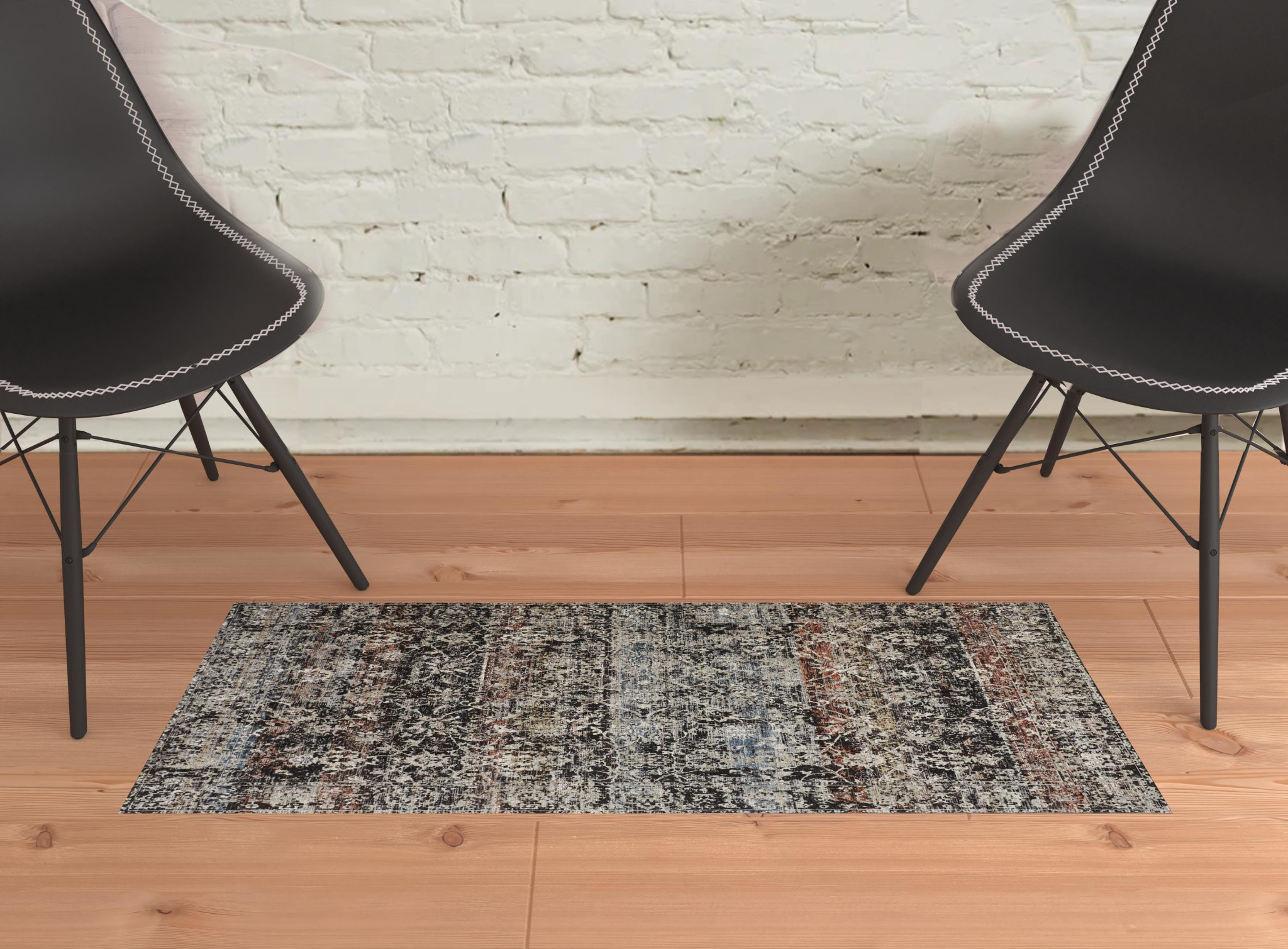 2" X 3" Gray Black And Red Abstract Distressed Area Rug With Fringe