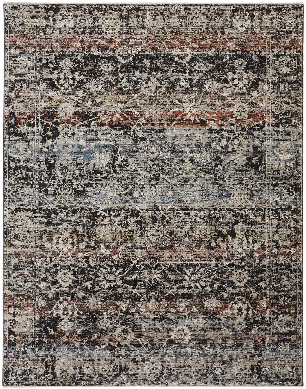 5 X 8 gray Black And Red Abstract Distressed Area Rug With Fringe