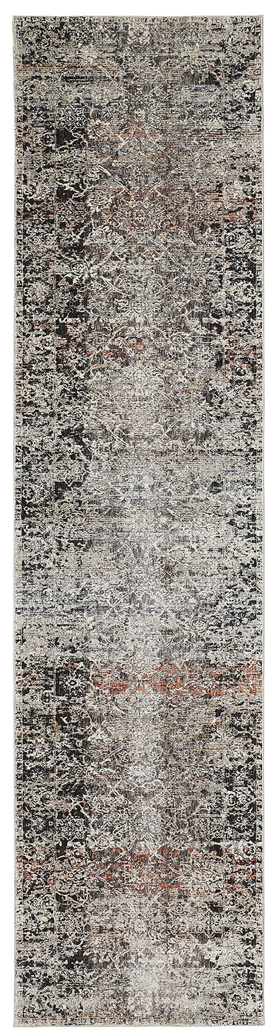 10" Gray Black and Red Oriental Power Loom Distressed Runner Rug With Fringe