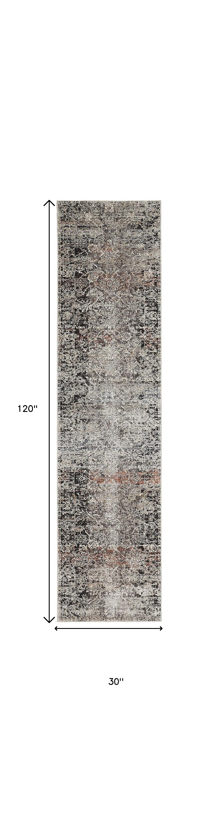 10" Gray Black and Red Oriental Power Loom Distressed Runner Rug With Fringe