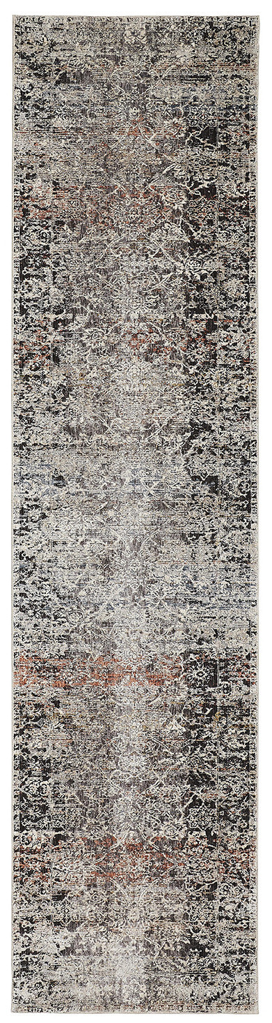 10" Gray Black and Red Oriental Power Loom Distressed Runner Rug With Fringe