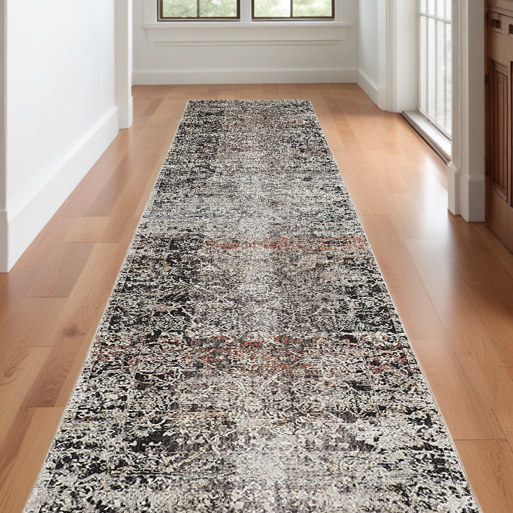 12" Gray Black and Red Oriental Power Loom Distressed Runner Rug With Fringe