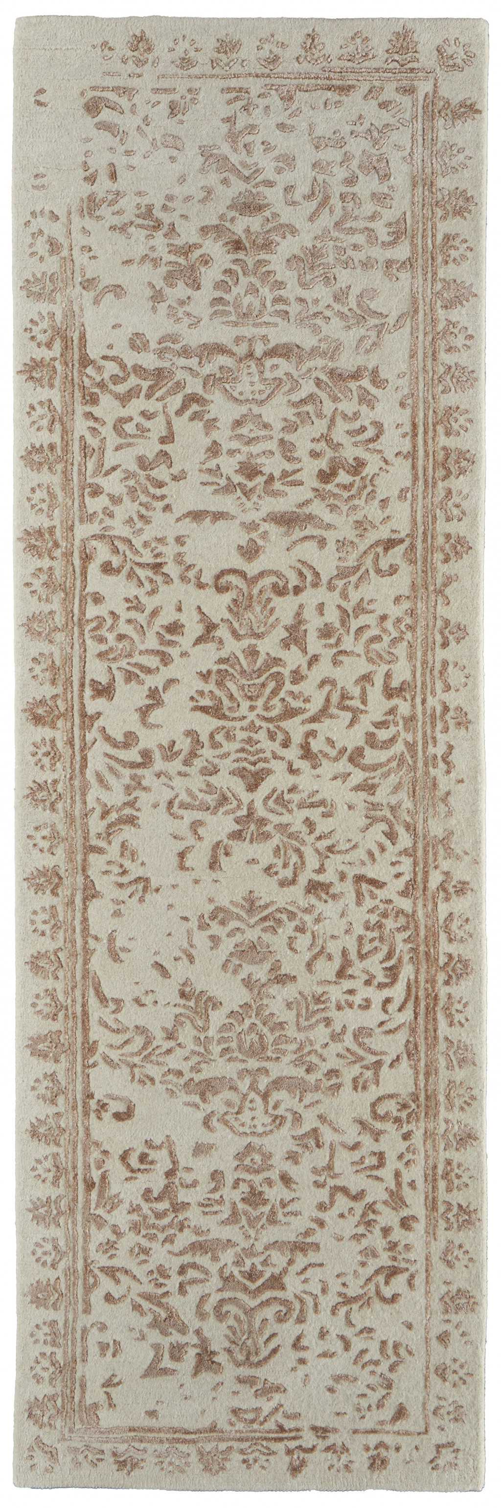 8 Ivory Tan And Pink Wool Floral Tufted Handmade Distressed Runner Rug