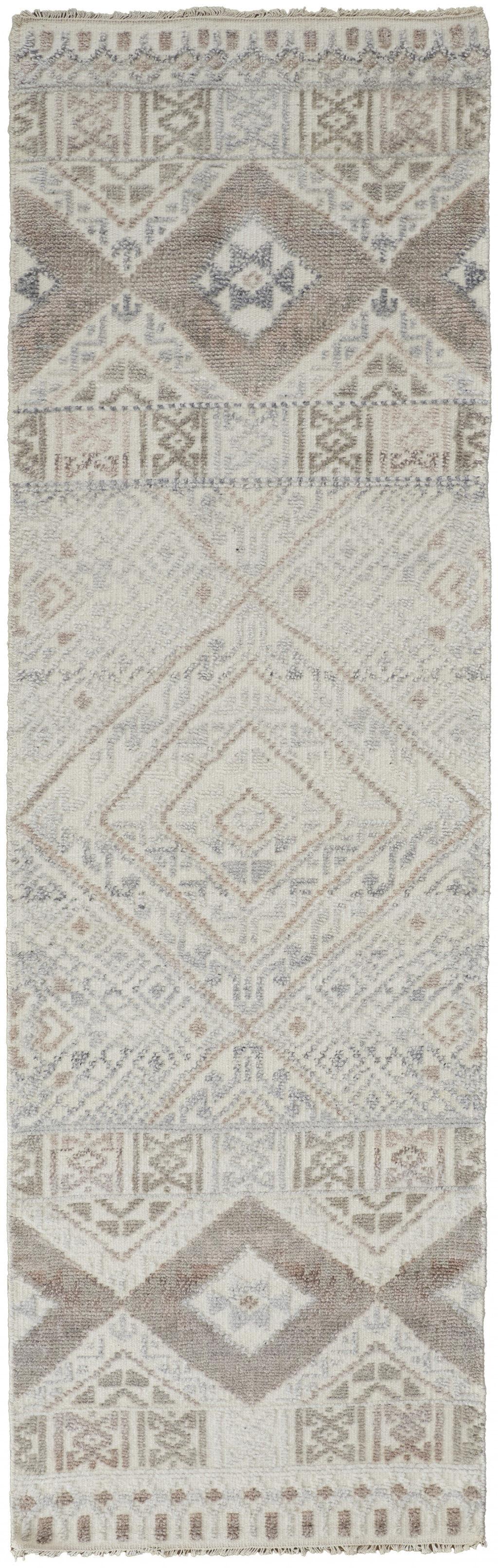 8 gray Ivory And Pink geometric Hand Knotted Runner Rug
