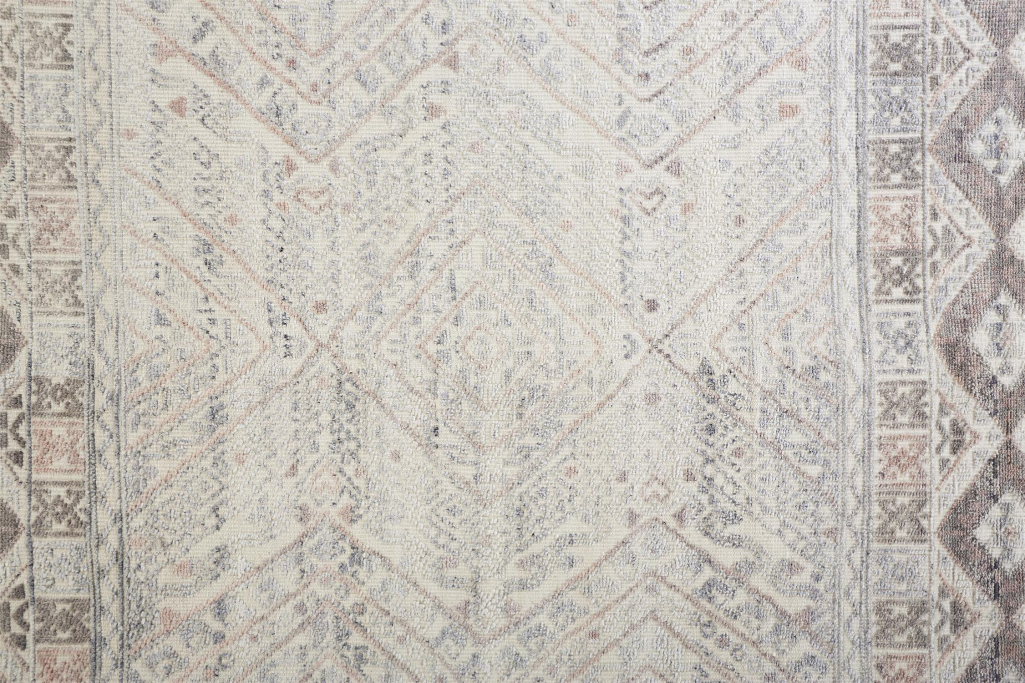 8 gray Ivory And Pink geometric Hand Knotted Runner Rug
