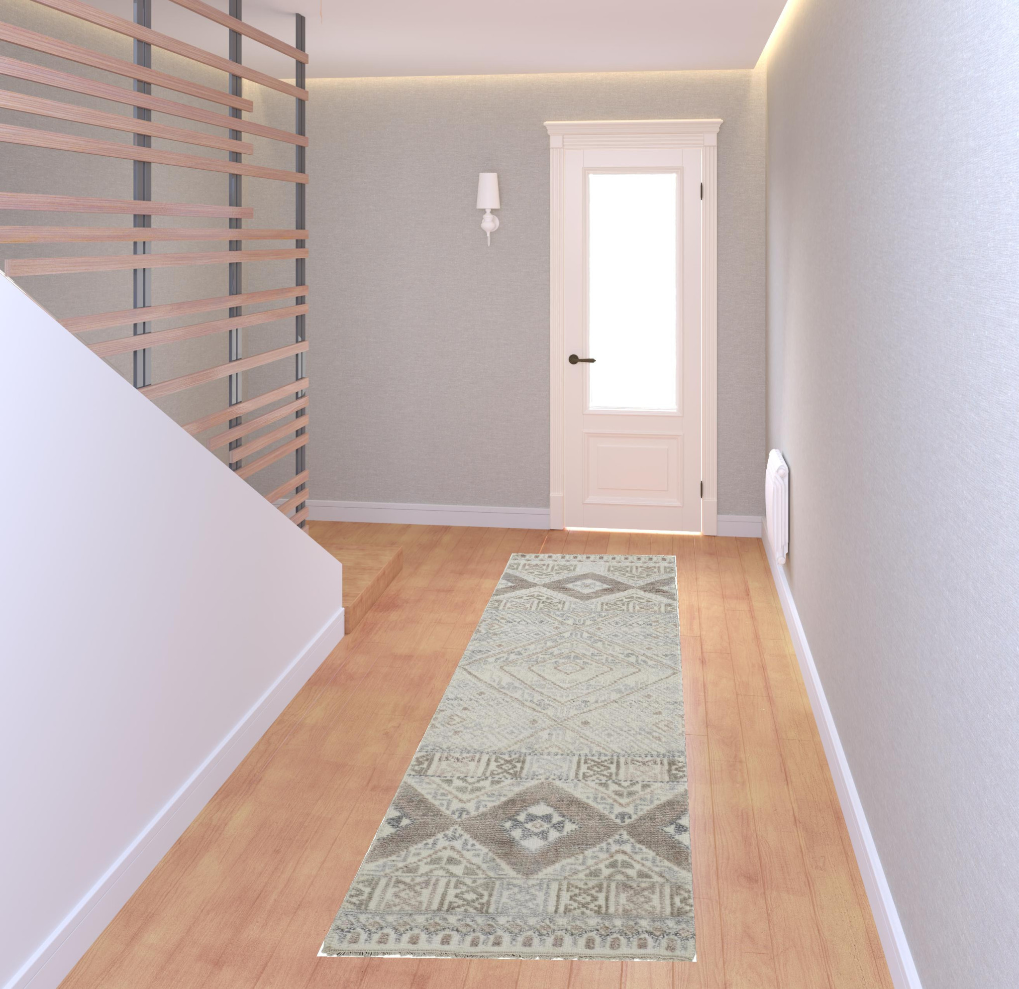 8 gray Ivory And Pink geometric Hand Knotted Runner Rug