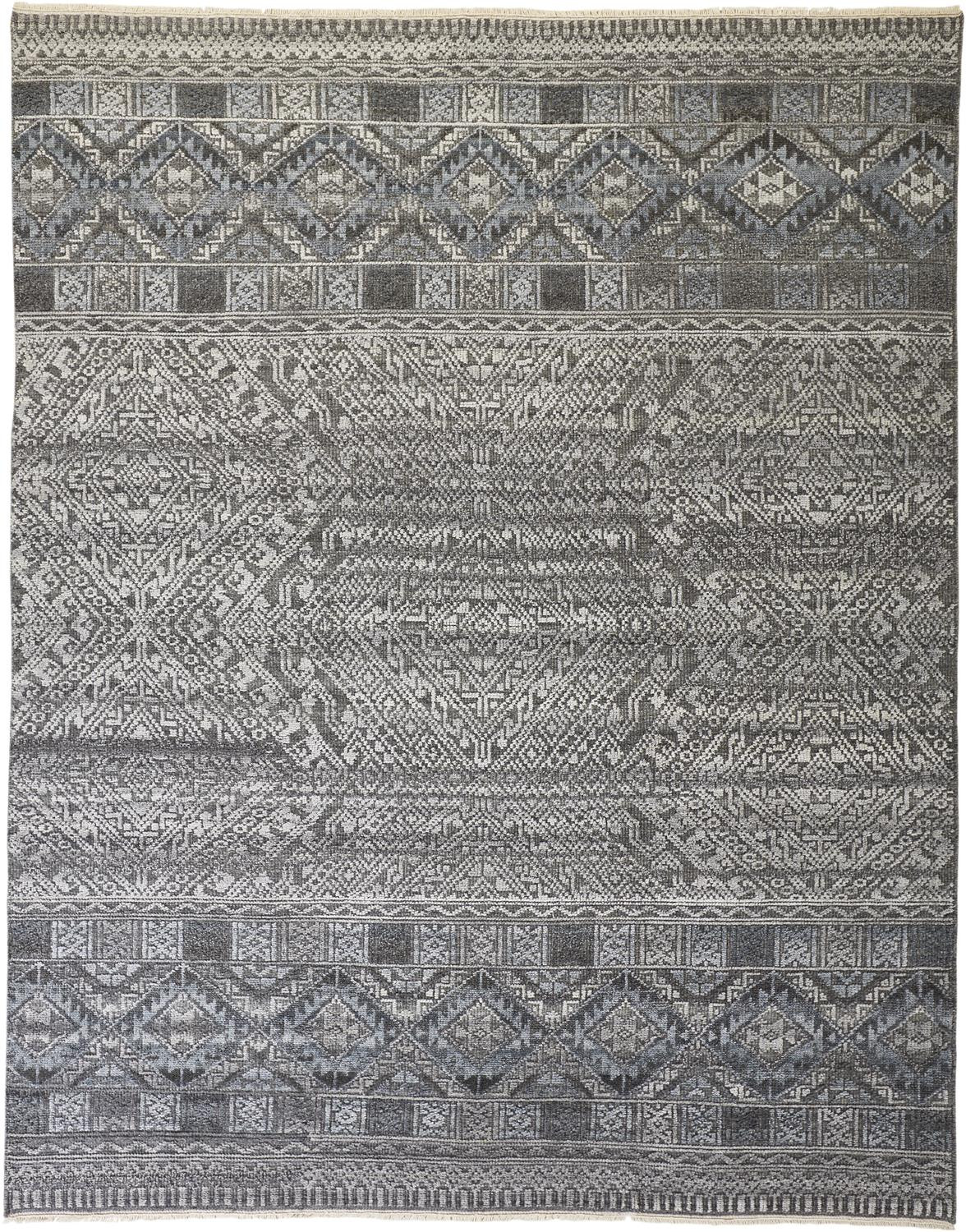 4 X 6 gray Ivory And Blue geometric Hand Knotted Area Rug