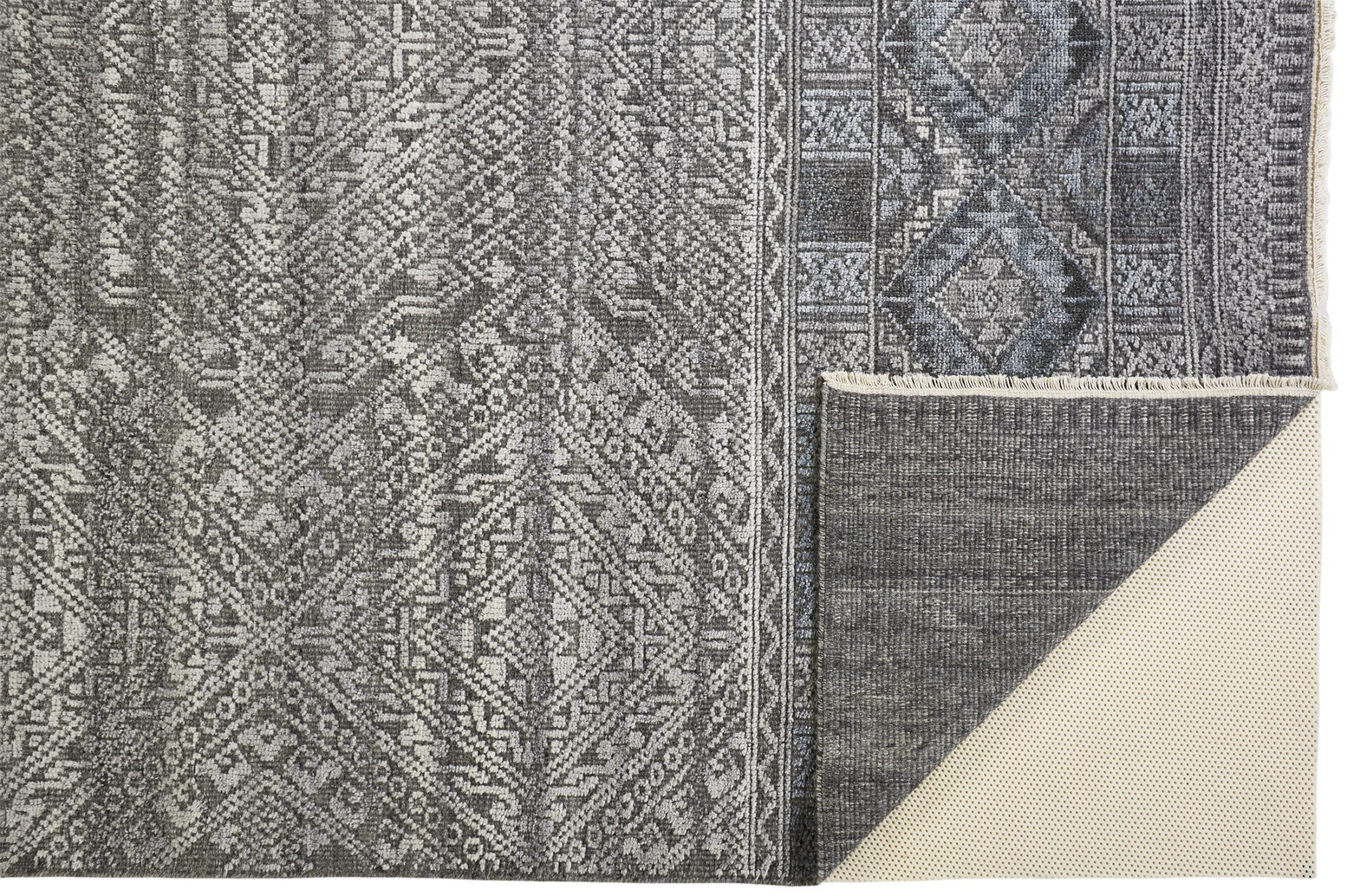 4 X 6 gray Ivory And Blue geometric Hand Knotted Area Rug