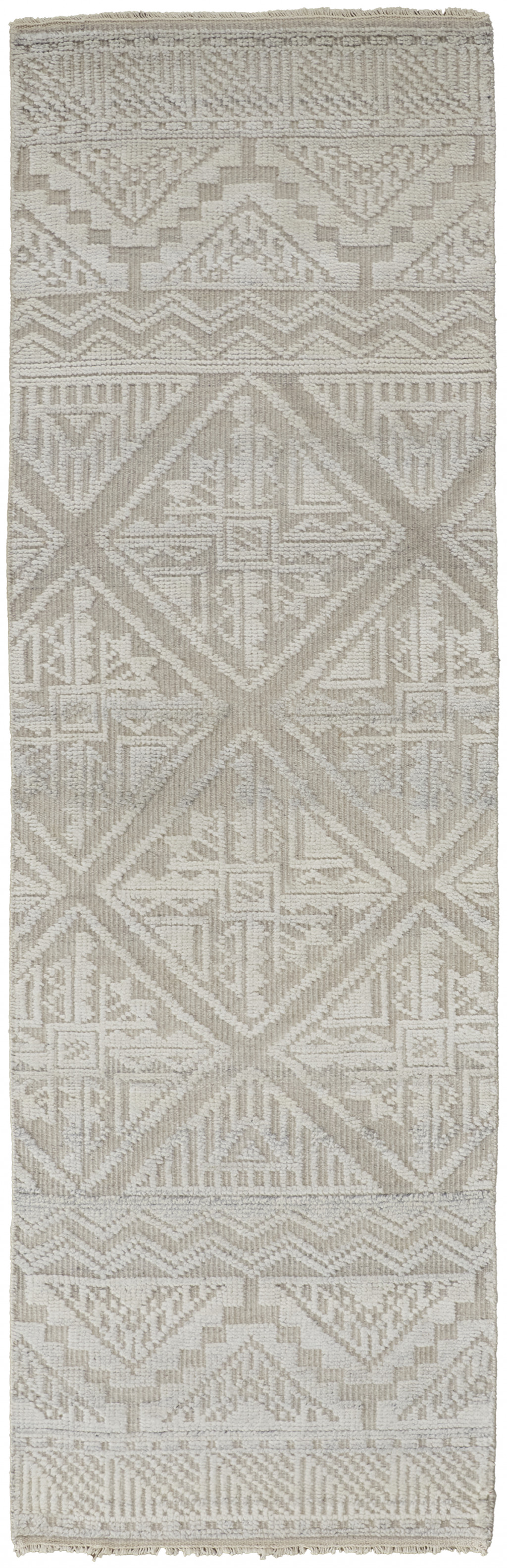 10' Ivory Tan And Gray Geometric Hand Knotted Runner Rug-512585-1