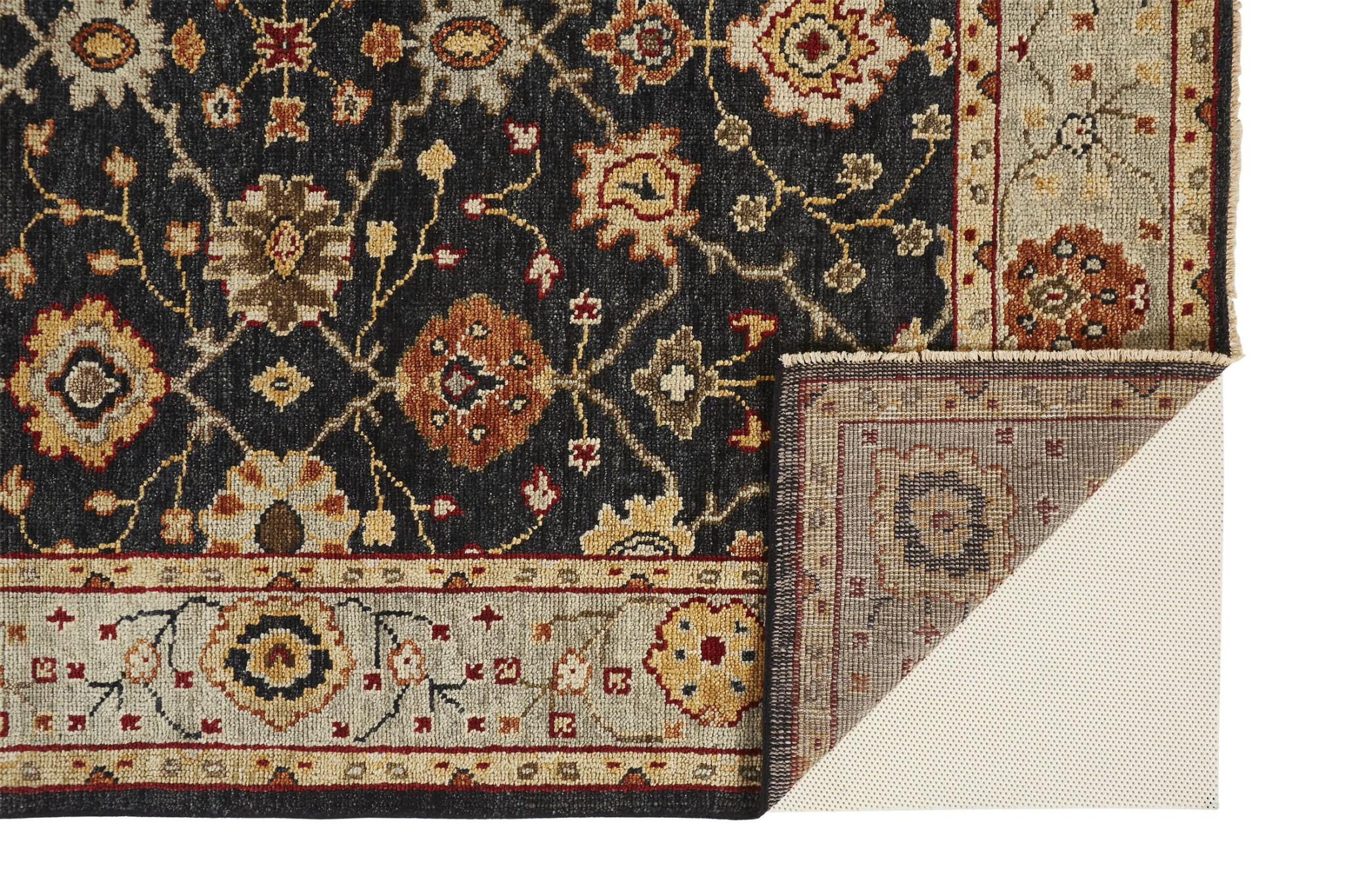 4 X 6 Black gold And gray Wool Floral Hand Knotted Stain Resistant Area Rug With Fringe