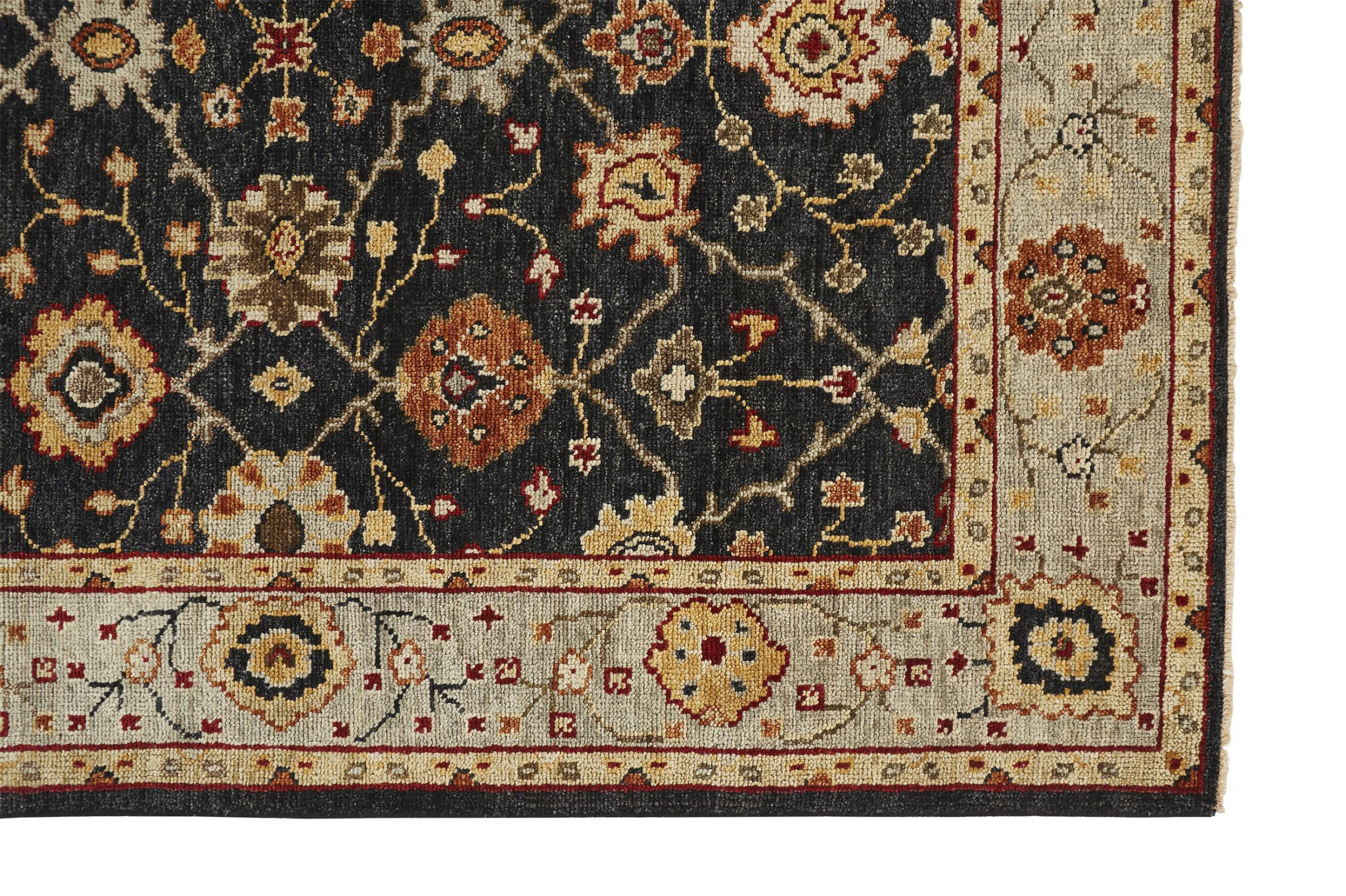 4 X 6 Black gold And gray Wool Floral Hand Knotted Stain Resistant Area Rug With Fringe