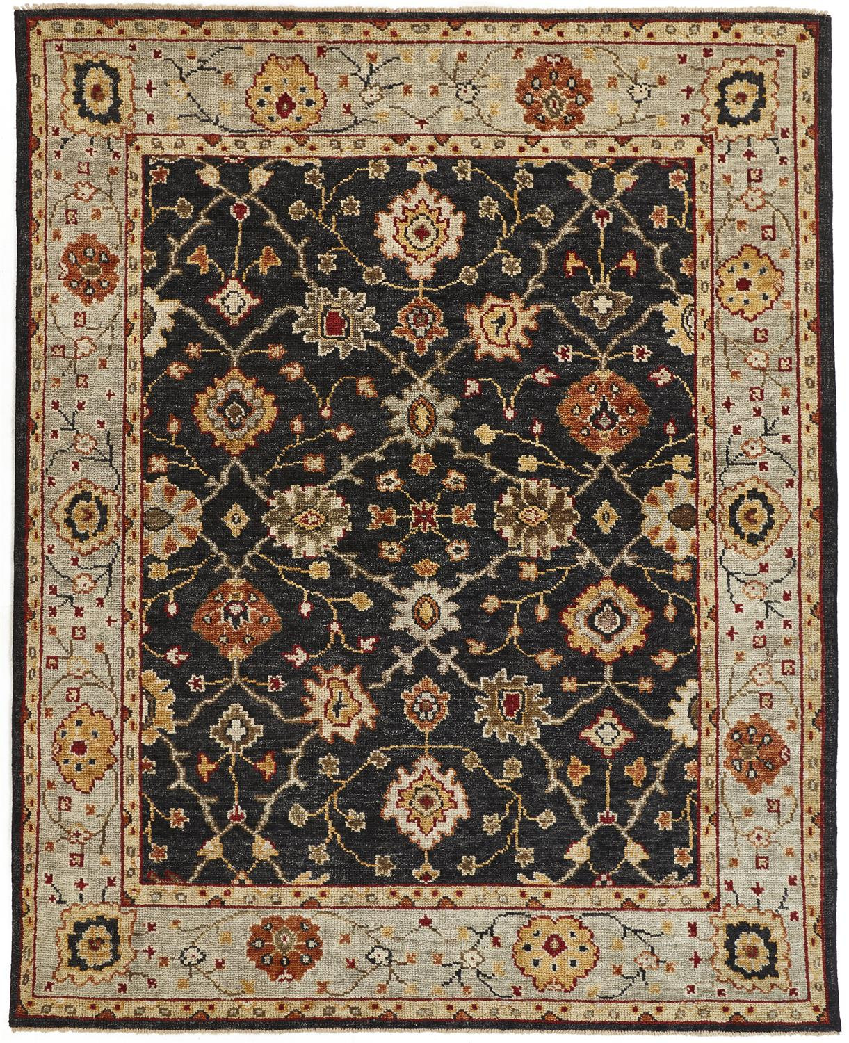 8' X 10' Black Gold And Gray Wool Floral Hand Knotted Stain Resistant Area Rug With Fringe-512598-1