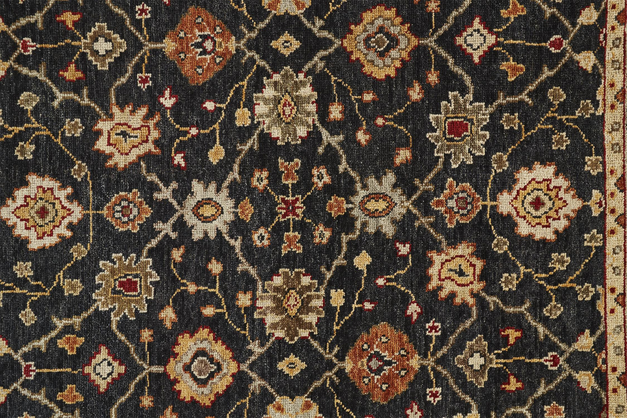 9' X 12' Black Gold And Gray Wool Floral Hand Knotted Stain Resistant Area Rug With Fringe-512599-1