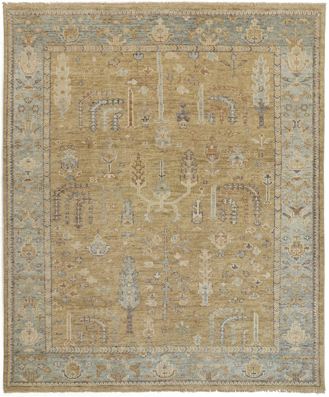 5' X 8' Gold Blue And Gray Wool Floral Hand Knotted Stain Resistant Area Rug With Fringe-512605-1