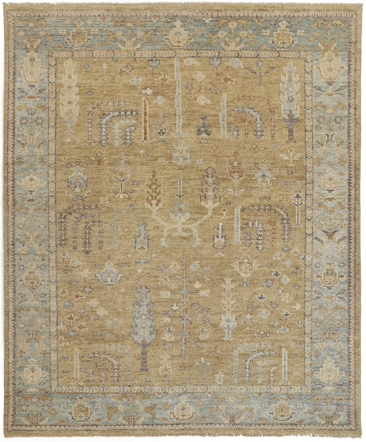 2 X 3 gold Blue And gray Wool Floral Hand Knotted Stain Resistant Area Rug With Fringe