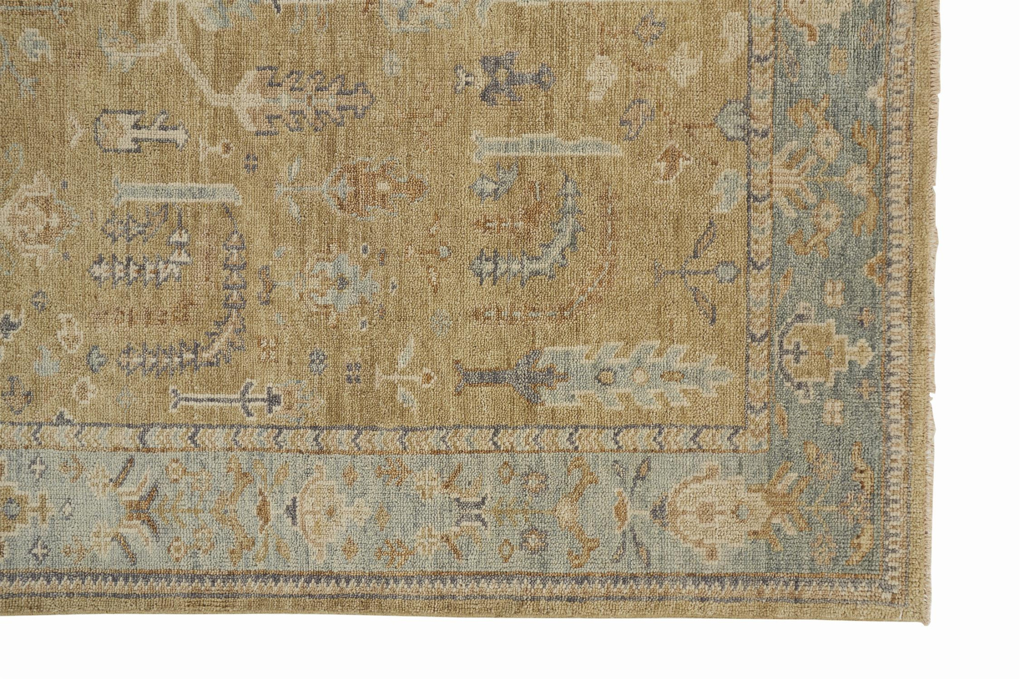 2 X 3 gold Blue And gray Wool Floral Hand Knotted Stain Resistant Area Rug With Fringe