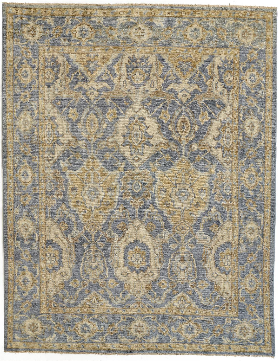 8' X 10' Blue Gold And Tan Wool Floral Hand Knotted Stain Resistant Area Rug With Fringe-512614-1