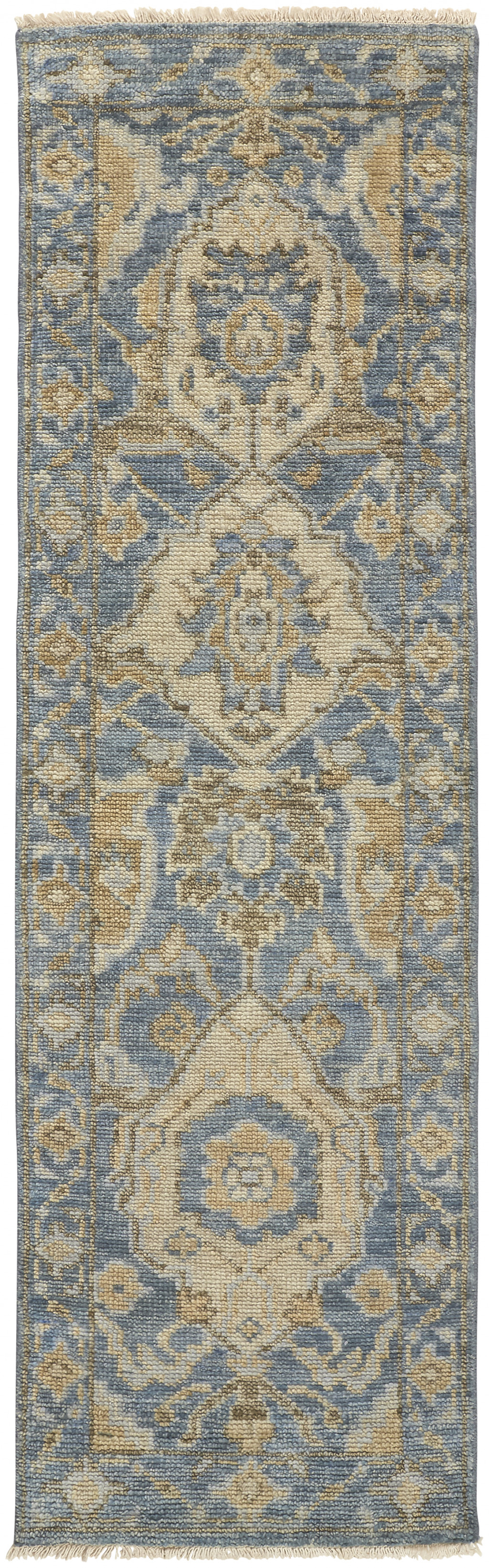 8' Blue Gold And Tan Wool Floral Hand Knotted Stain Resistant Runner Rug With Fringe-512617-1