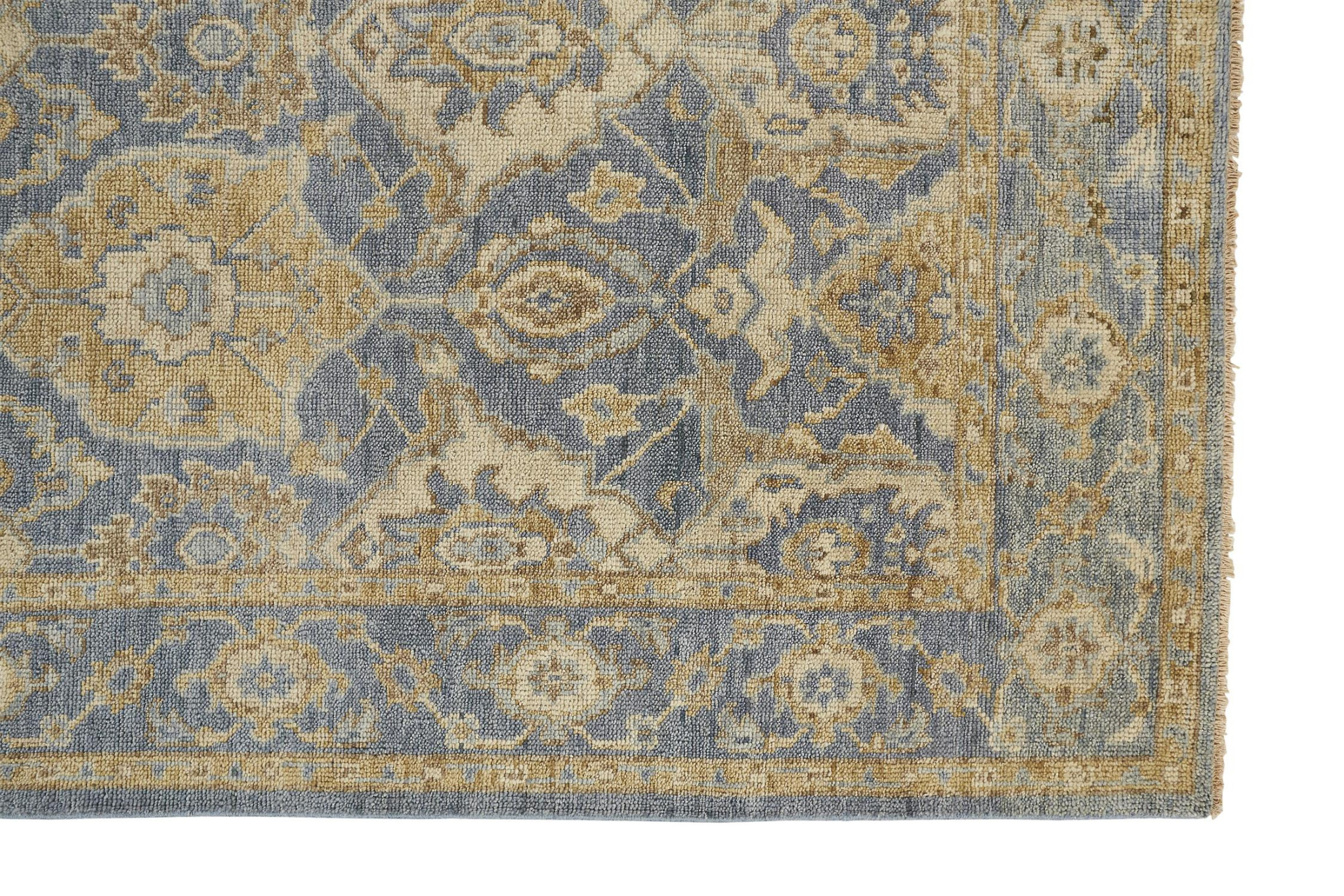 2 X 3 Blue gold And Tan Wool Floral Hand Knotted Stain Resistant Area Rug With Fringe