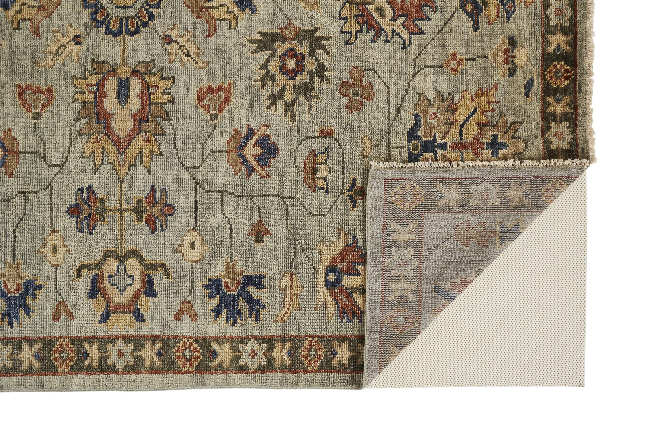 5 X 8 gray gold And Red Wool Floral Hand Knotted Stain Resistant Area Rug With Fringe