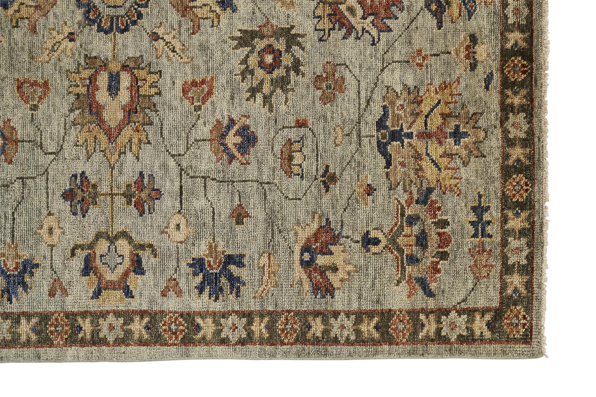 5 X 8 gray gold And Red Wool Floral Hand Knotted Stain Resistant Area Rug With Fringe