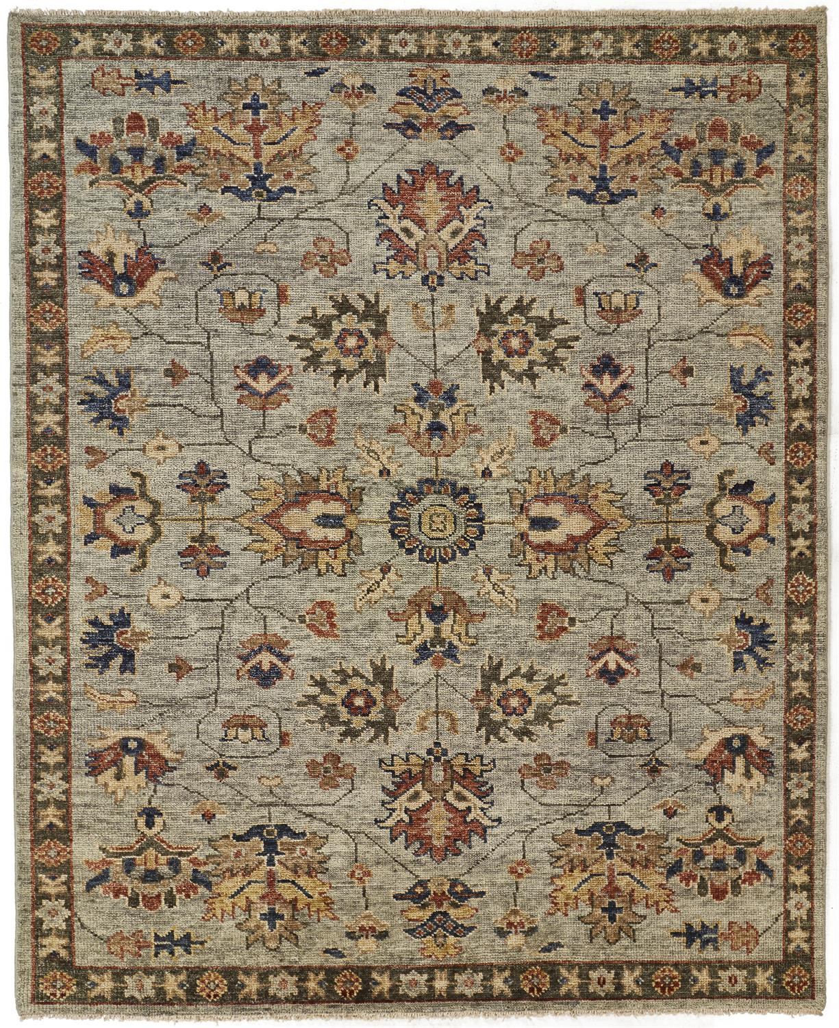 8' X 10' Gray Gold And Red Wool Floral Hand Knotted Stain Resistant Area Rug With Fringe-512622-1