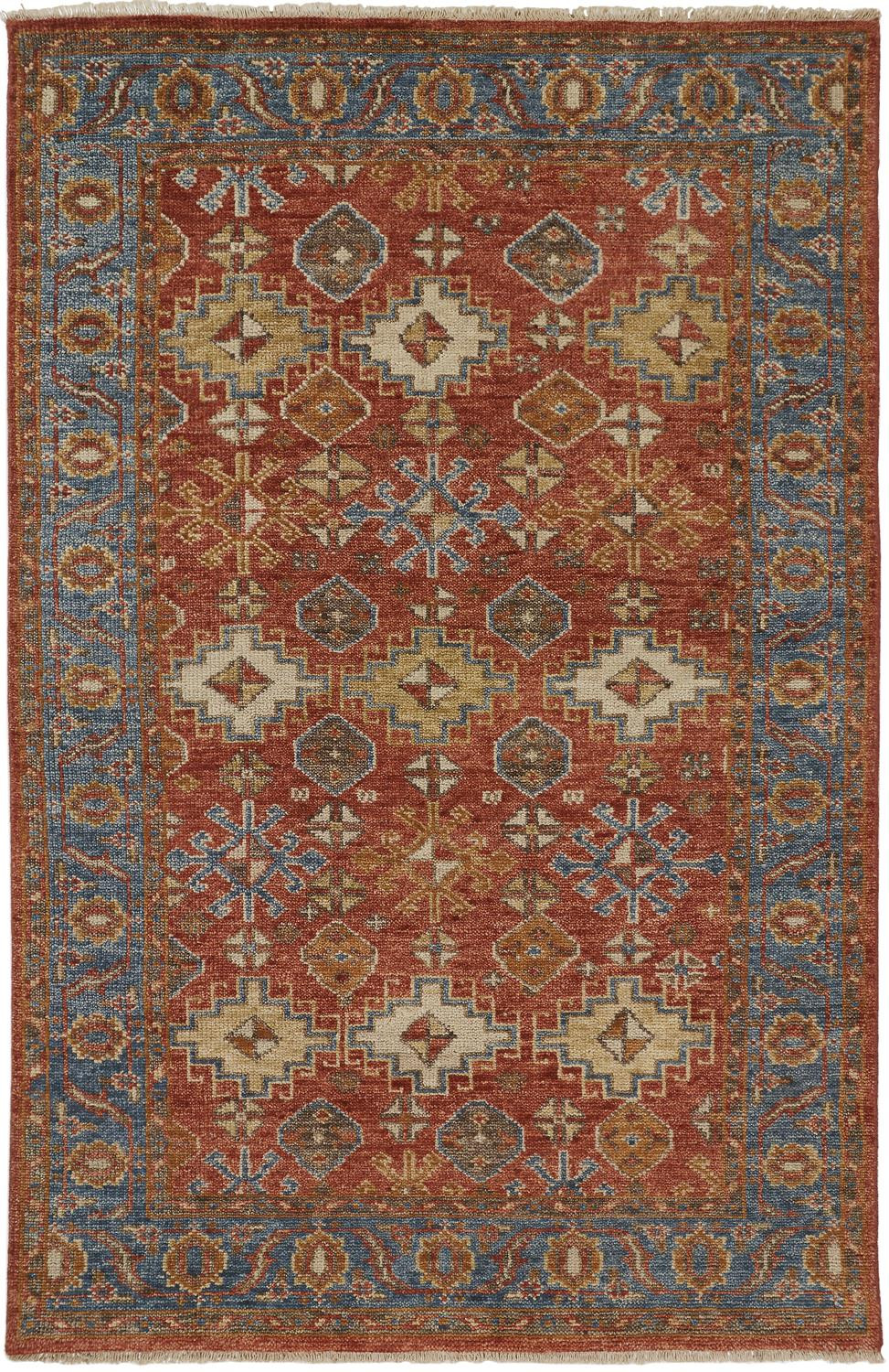 2' X 3' Red Blue And Orange Wool Floral Hand Knotted Stain Resistant Area Rug With Fringe-512635-1