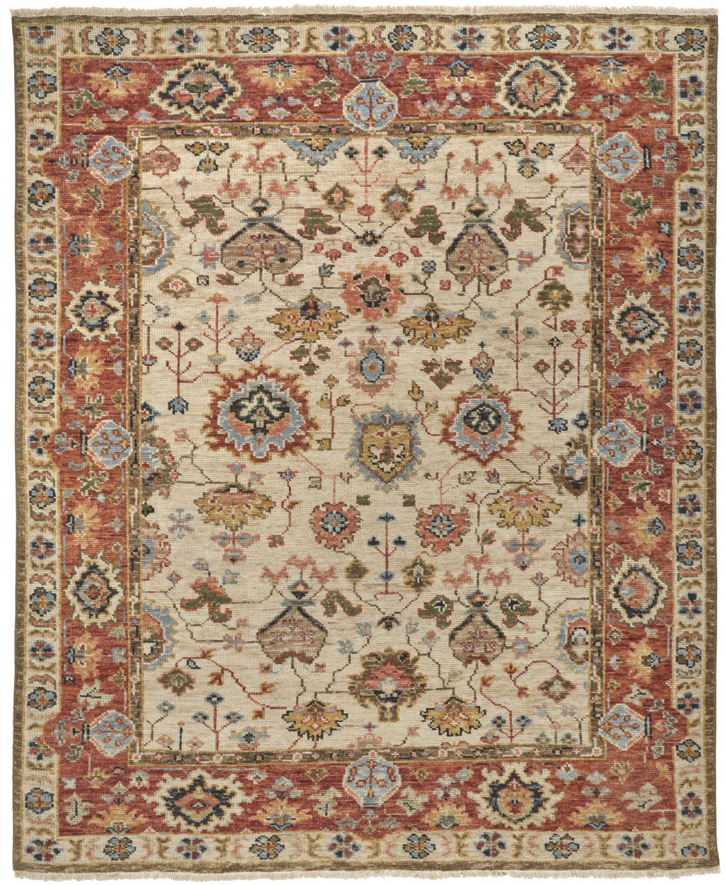 5' X 8' Ivory Red And Blue Wool Floral Hand Knotted Stain Resistant Area Rug-512653-1