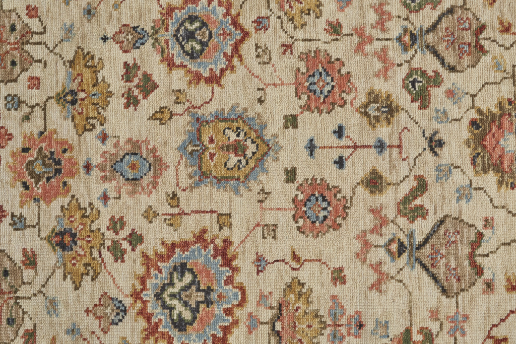 8' Ivory Red And Blue Wool Floral Hand Knotted Stain Resistant Runner Rug-512657-1
