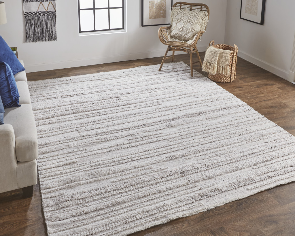 8" X 10" Ivory And Taupe Striped Hand Woven Stain Resistant Area Rug