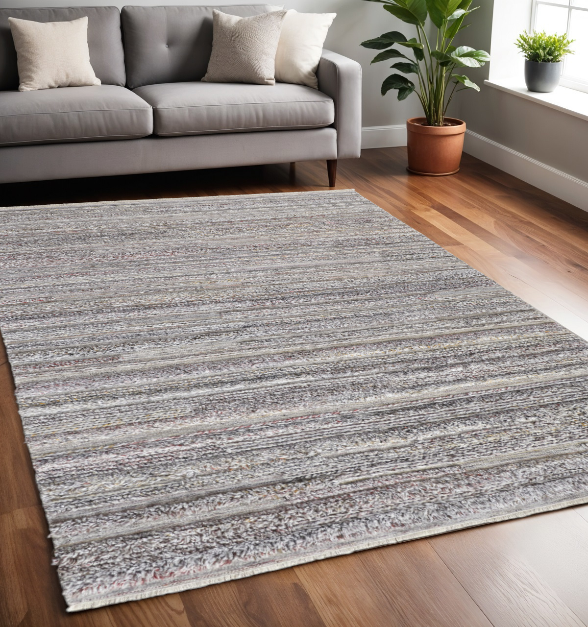 5" X 8" Taupe and Ivory Striped Hand Woven Area Rug