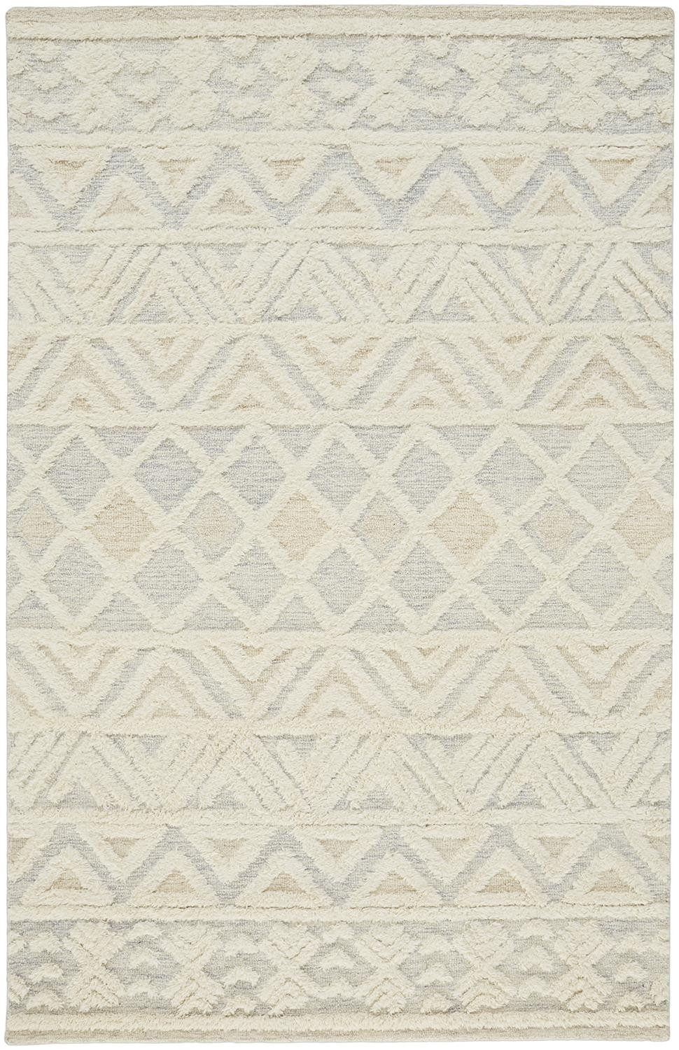 5 X 8 Ivory Blue And Tan Wool geometric Tufted Handmade Stain Resistant Area Rug
