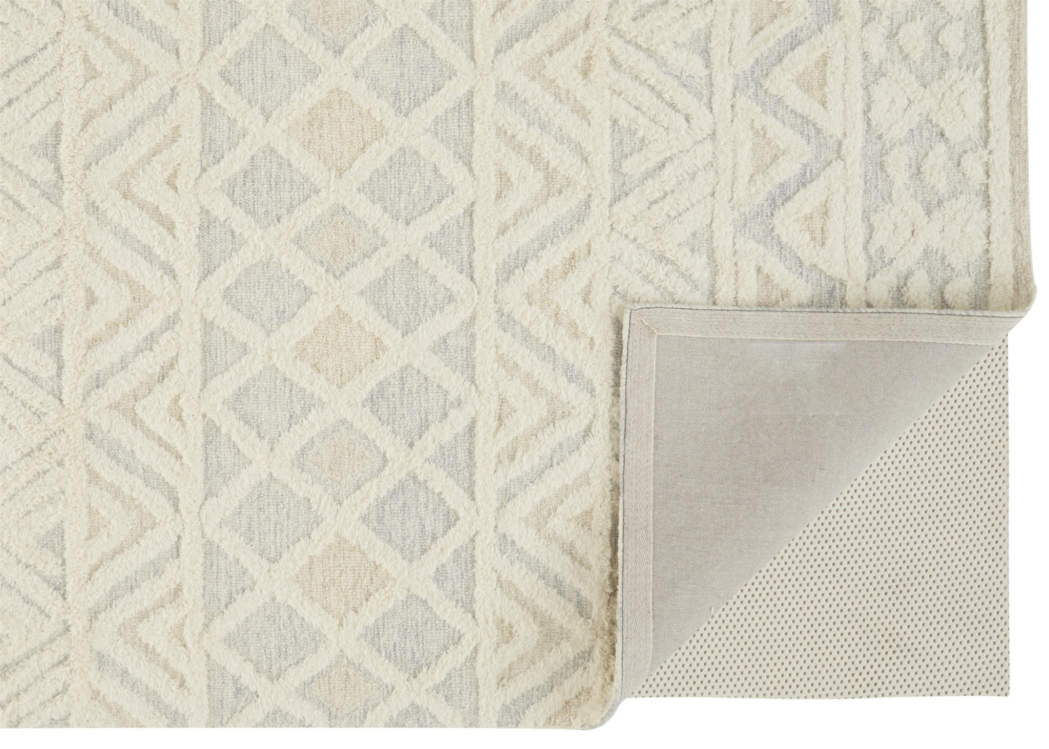 5 X 8 Ivory Blue And Tan Wool geometric Tufted Handmade Stain Resistant Area Rug