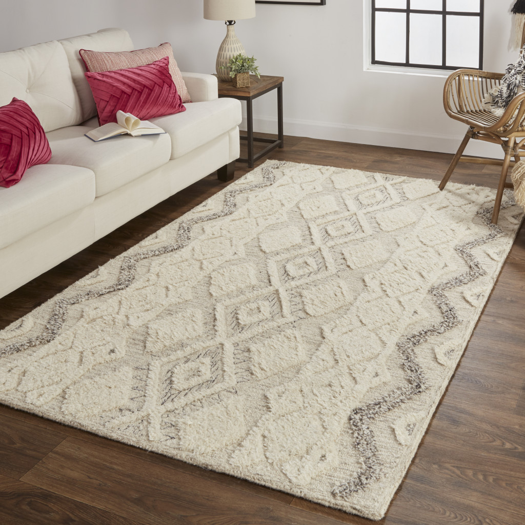4" X 6" Ivory Taupe And Gray Wool Geometric Tufted Handmade Stain Resistant Area Rug
