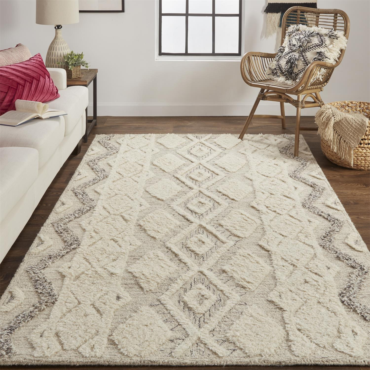5 X 8 Ivory Taupe And gray Wool geometric Tufted Handmade Stain Resistant Area Rug
