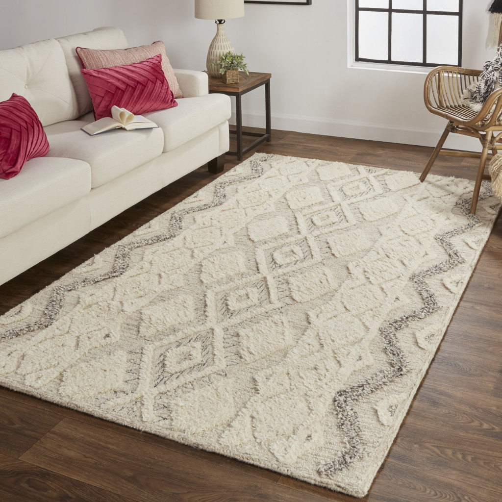 5 X 8 Ivory Taupe And gray Wool geometric Tufted Handmade Stain Resistant Area Rug