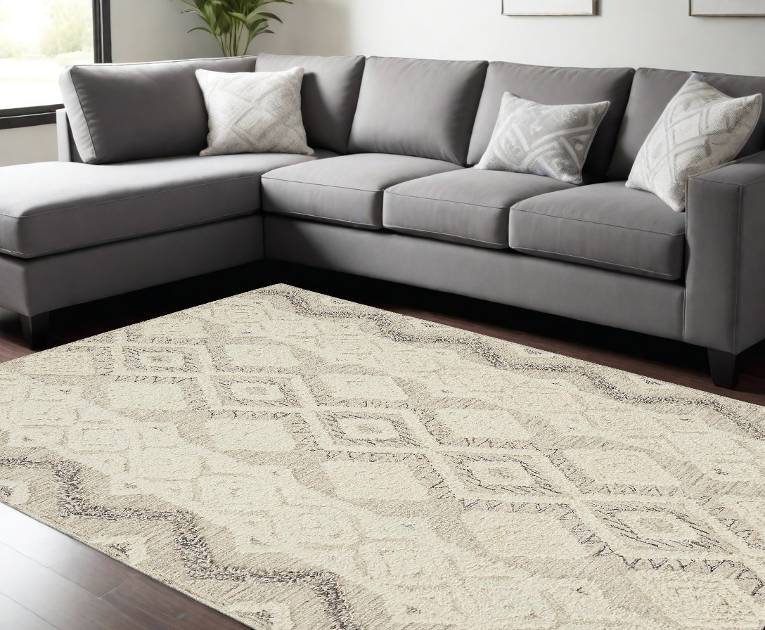 9" X 12" Ivory Taupe And Gray Wool Geometric Tufted Handmade Stain Resistant Area Rug