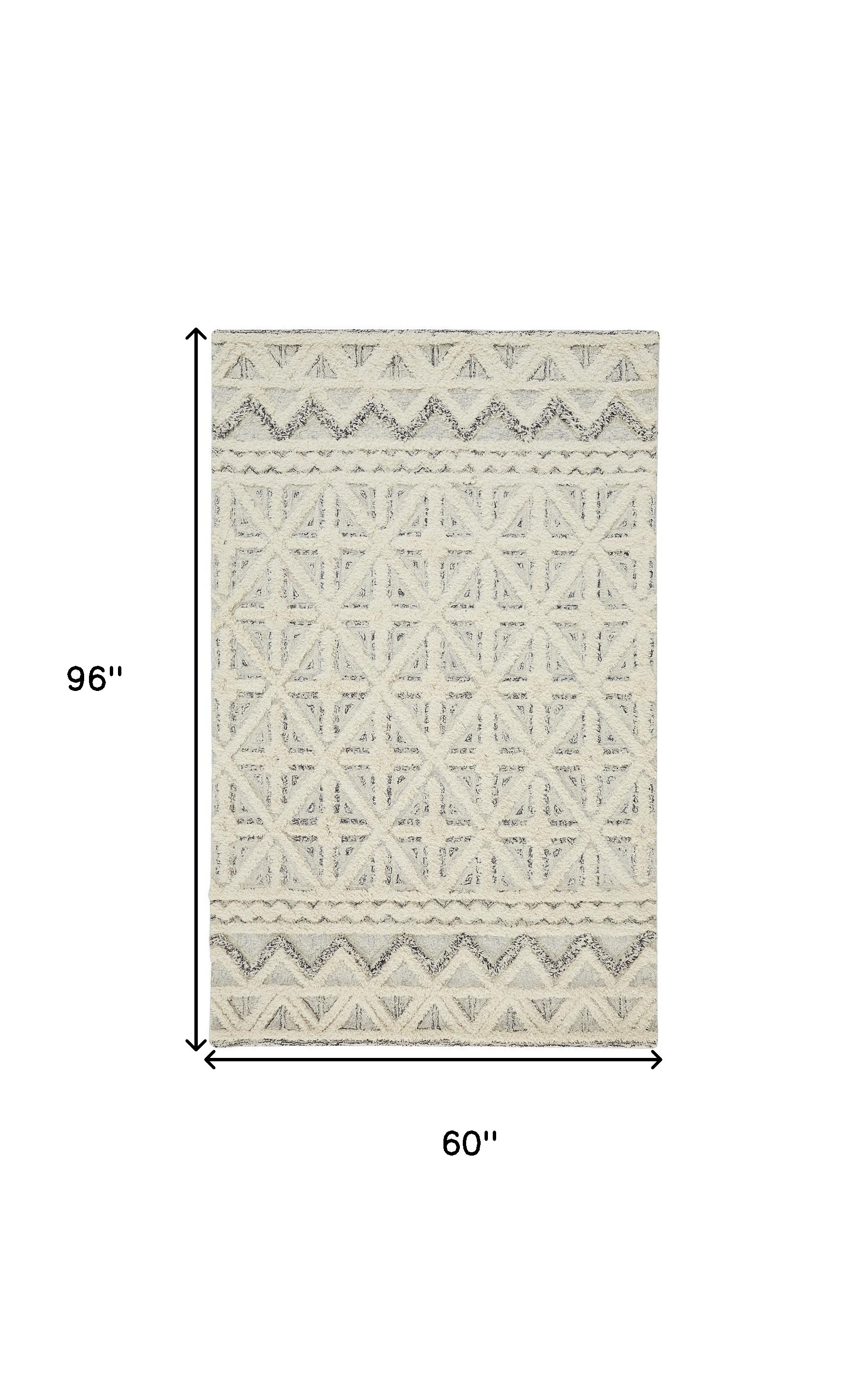 5" X 8" Ivory And Black Wool Geometric Tufted Handmade Stain Resistant Area Rug