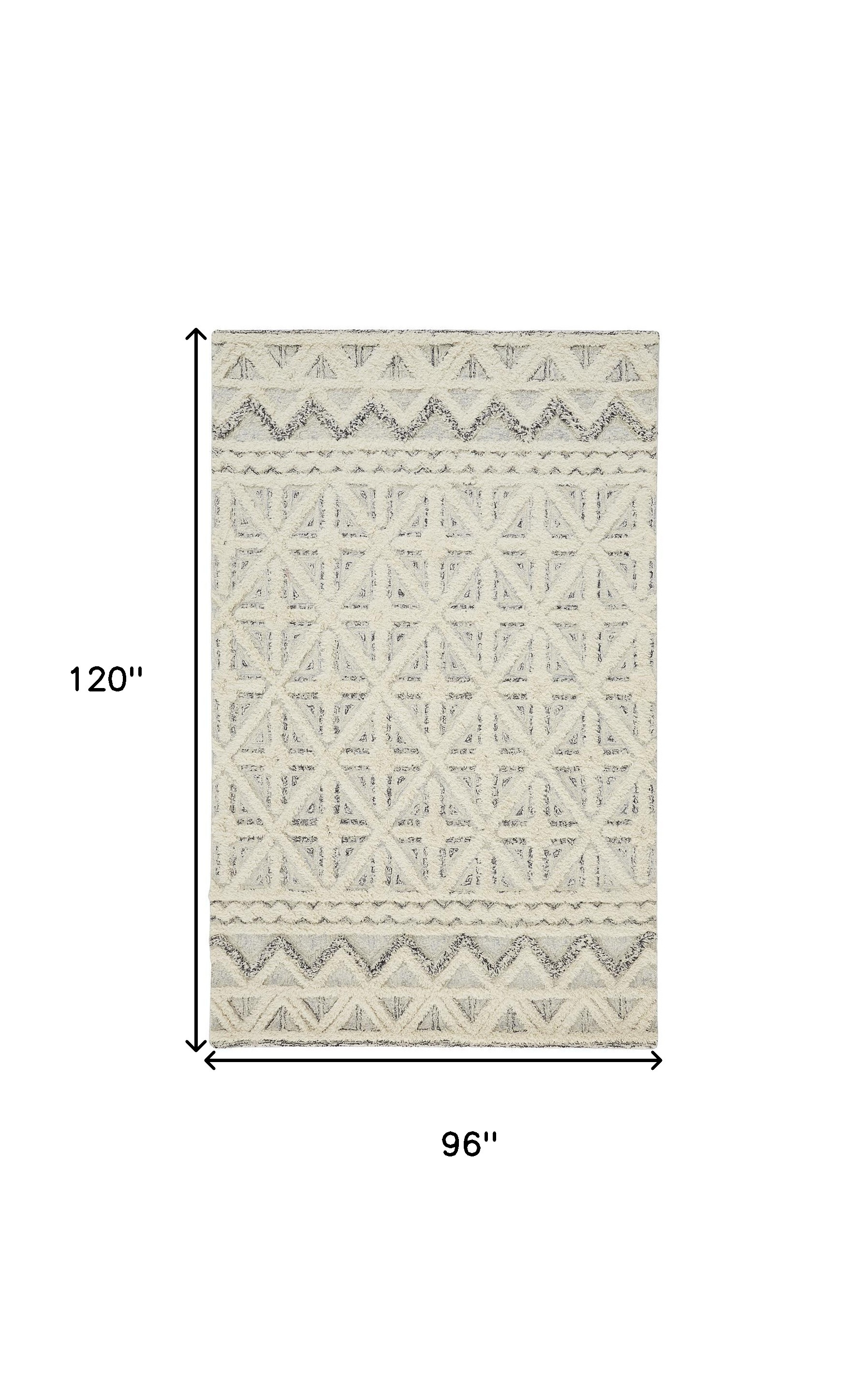 8" X 10" Ivory And Black Wool Geometric Tufted Handmade Stain Resistant Area Rug