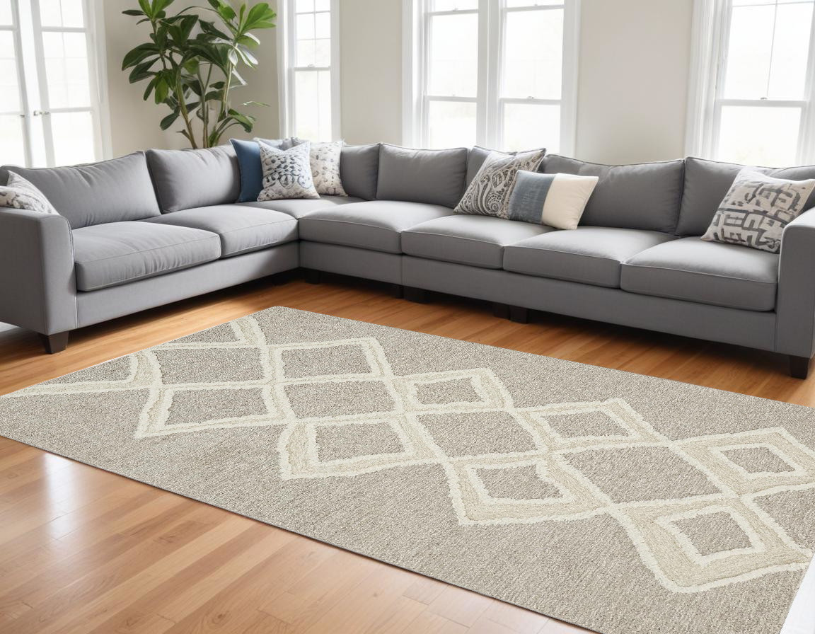 9' X 12' Gray And Ivory Wool Geometric Tufted Handmade Stain Resistant Area Rug-512791-1