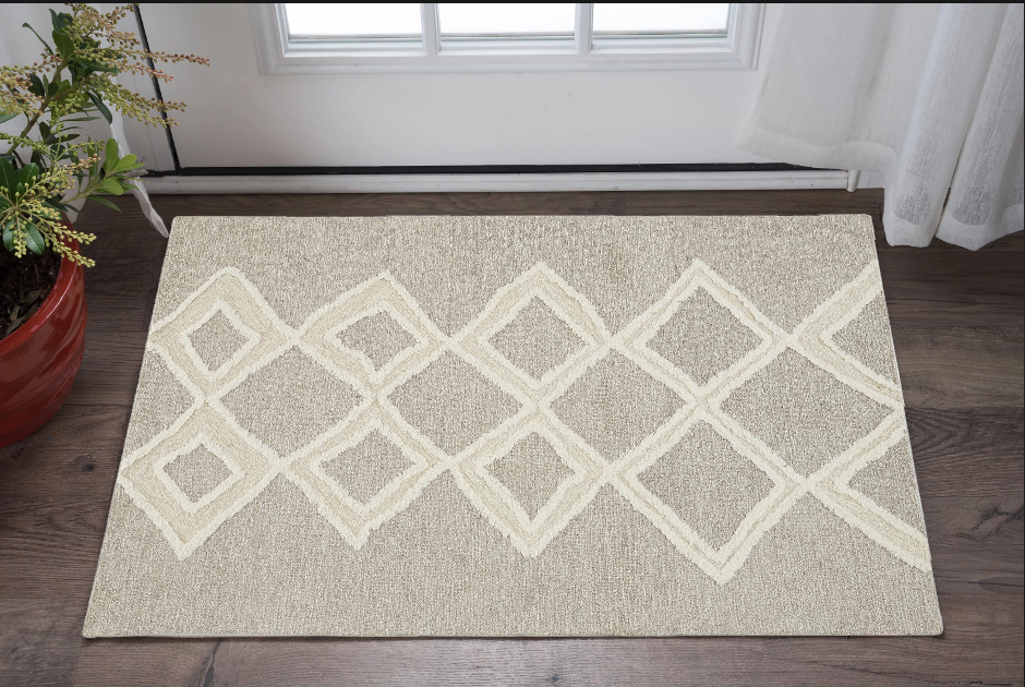 2' X 3' Gray And Ivory Wool Geometric Tufted Handmade Stain Resistant Area Rug-512794-1