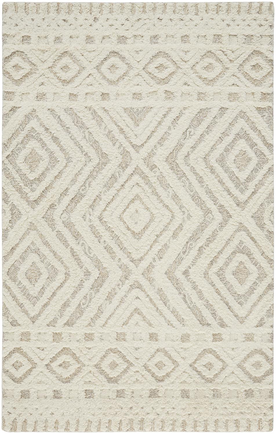 8" X 10" Ivory And Tan Wool Geometric Tufted Handmade Stain Resistant Area Rug